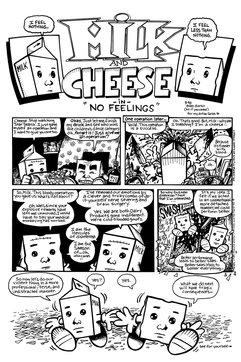 The first page of Milk & Cheese strip “No Feelings.”